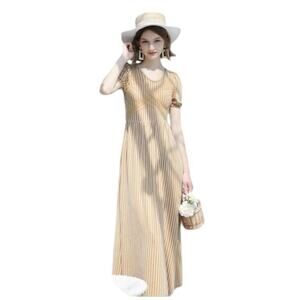 Cottagecore Coastal Neutral Feminine striped wrap puffed sleeves Maxi dress L